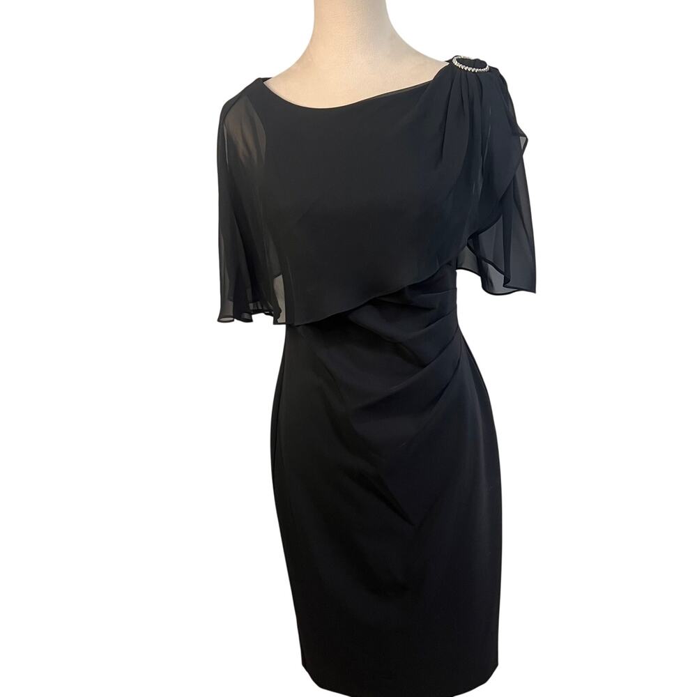 Adrianna Papell Black Chiffon Overlay Cocktail Dress Size 4 Rhinestone Shoulder